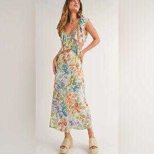 Sage Blue and Pink Maxi Flutter Sleeve Sundress